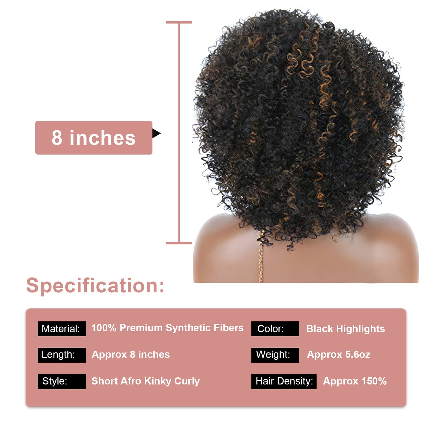 Ombre Mix Brown Highlights Short Afro Kinky Curly Wigs for Black Women Premium Synthetic Hair Wigs with Hair Bangs 150% Density Bouncy and Full Natural Looking Hair Wigs