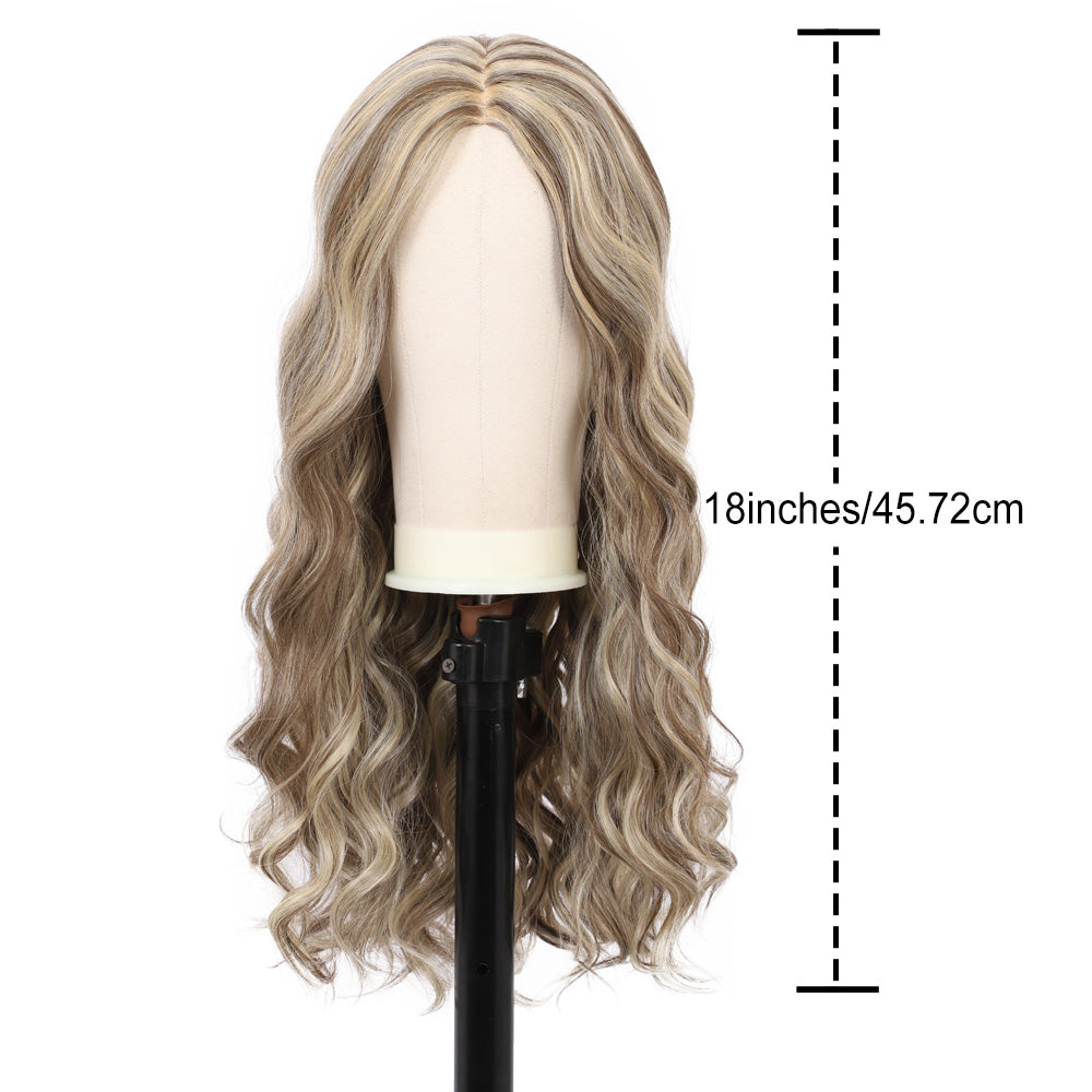18 Inch T‑Part Lace Front Wig Middle Part Long Water Wave Wig Synthetic Wigs Darily Party Dress Women Wigs(Ash brown and silver blonde mixed)