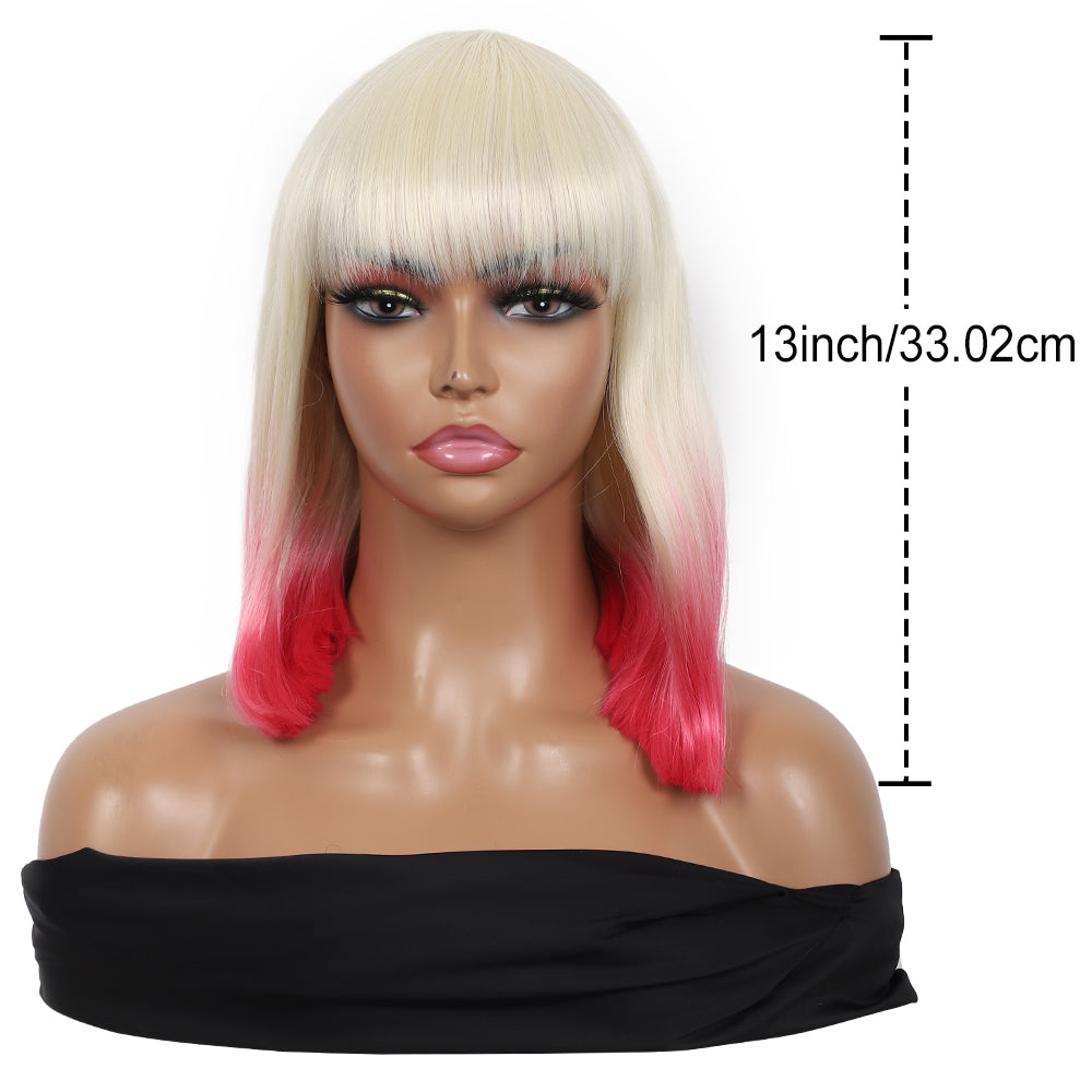 Bob Wigs for Women Short Straight Bob Wig with Hair Bangs Natural Looking Heat Resistant Synthetic Hair Wigs for Women 13 Inches (Blonde to Pink Ombre)