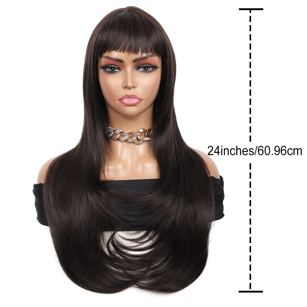 26 Inch Long Straight Synthetic Wig with Bangs Silky Full Hair Wigs for Women, Dark Brown