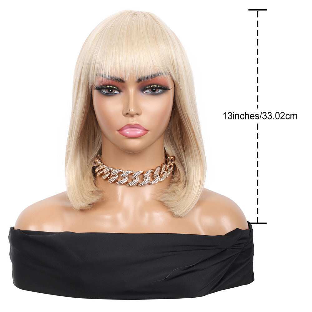 Bob Wigs for Women Short Straight Bob Wig with Hair Bangs Natural Looking Heat Resistant Synthetic Hair Wigs for Women 13 Inches (Light Blonde)