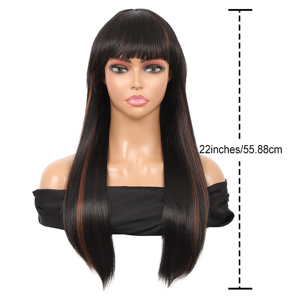 22" Long Straight Silky Smooth Synthetic Hair Wigs with Bangs for Women High Temperature Yaki Texture Full Hair Wigs for Women (Mix Black Brown)