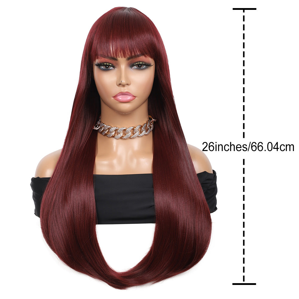 28 inches Burgundy Wigs Women's Silky Long Straight Wig Heat Resistant Synthetic Wig With Bangs Hair Wig for Women