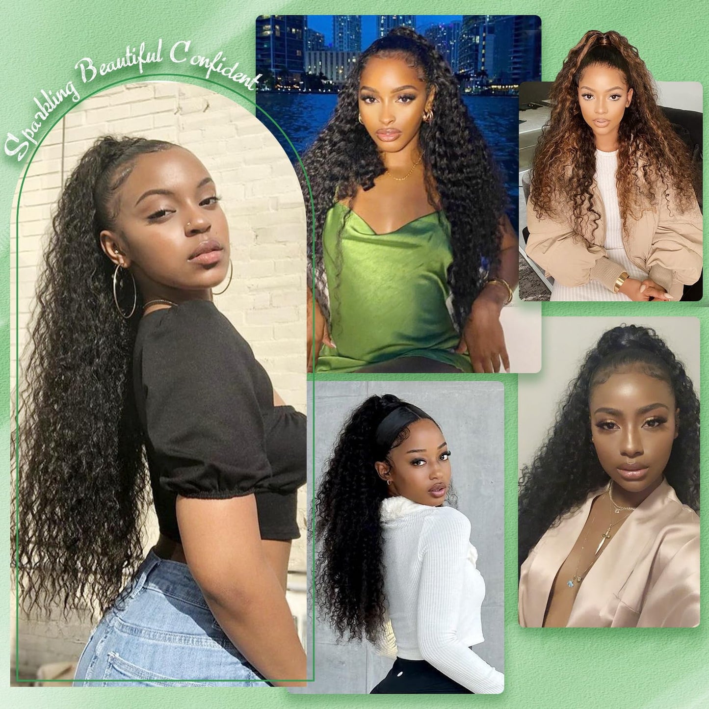 Drawstring Ponytail for Women Deep Curly Ponytail Extension Synthetic Mixed with Human Hair Ponytails Brown Highlights Pony for Daily wear,27 Inches