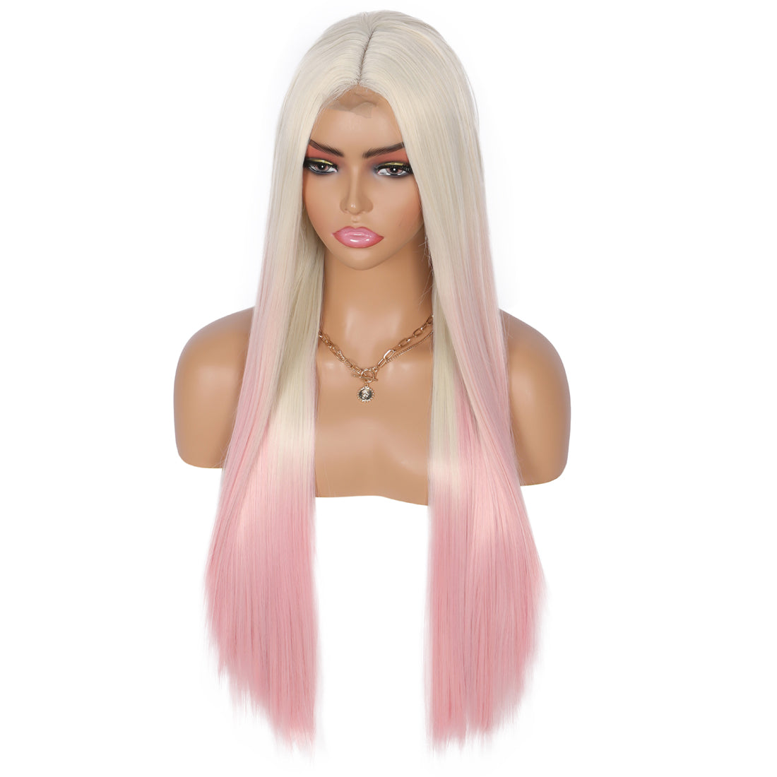 28 inches Women's Wig Long Straight Platinum blonde to light pink ombre Wig Imported Synthetic Daily Wear & Cosplay Costume Hair Wig