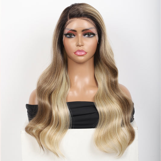 24 Inch Long Curly Wig Side Part  Loose Wave Wig Synthetic Lace Front Wig for Women Ombre Brown Blonde