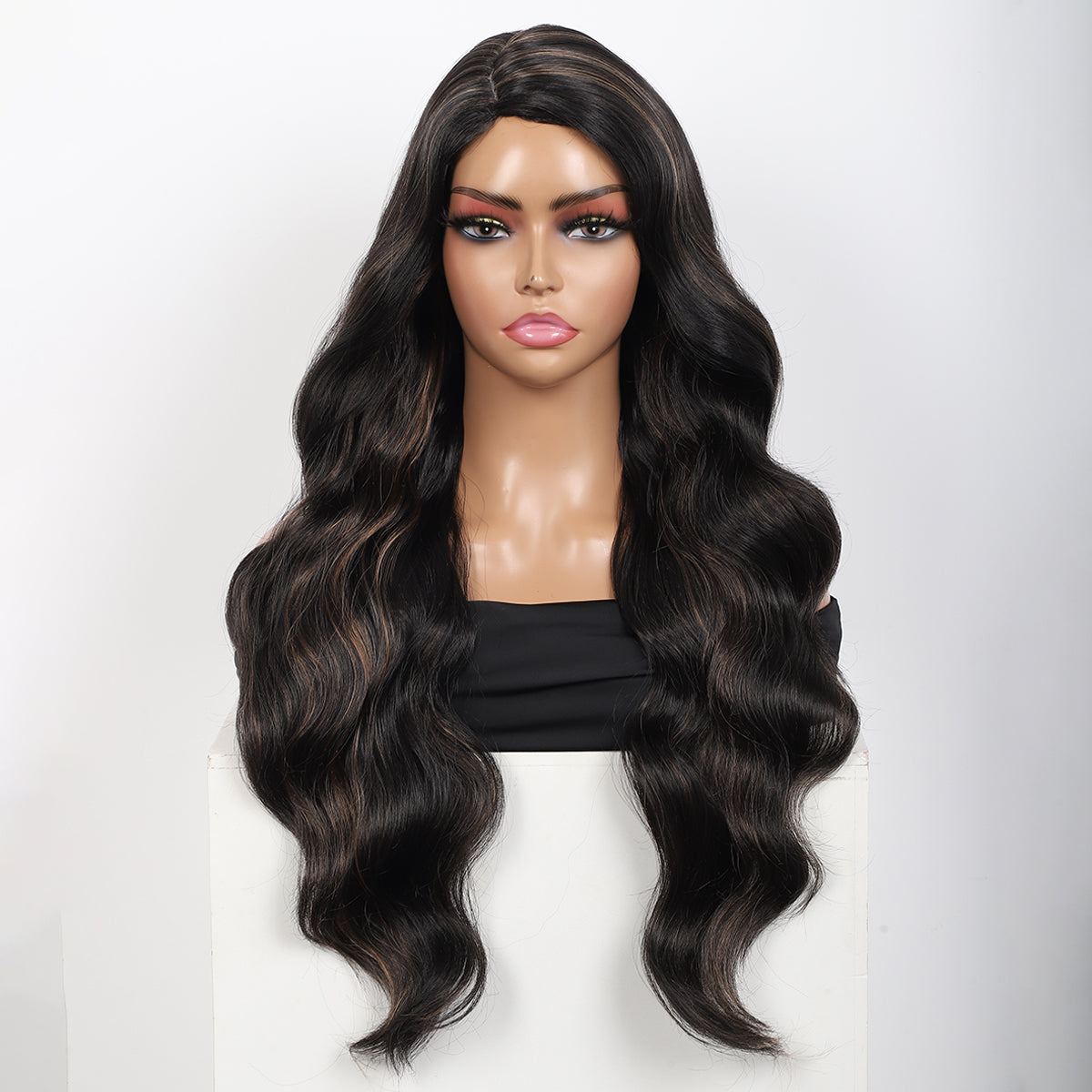 28 inches Black Brown Highlights Yaki Synthetic Hair Wigs for Women Long Body Wavy Curly Wigs L Parting Natural Looking Heat Resistant Replacement Wigs