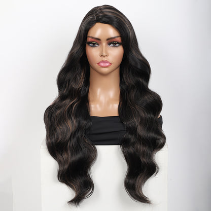 28 inches Black Brown Highlights Yaki Synthetic Hair Wigs for Women Long Body Wavy Curly Wigs L Parting Natural Looking Heat Resistant Replacement Wigs