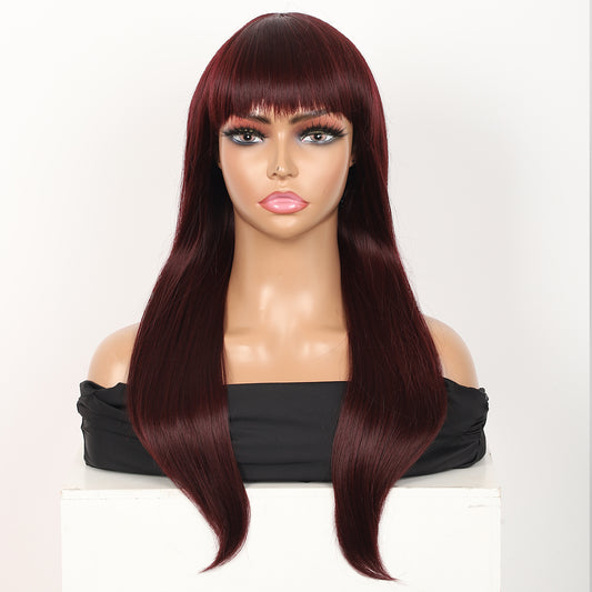 22" Long Straight Silky Smooth Synthetic Hair Wigs with Bangs for Women High Temperature Yaki Texture Full Hair Wigs for Women (Burgundy Red)