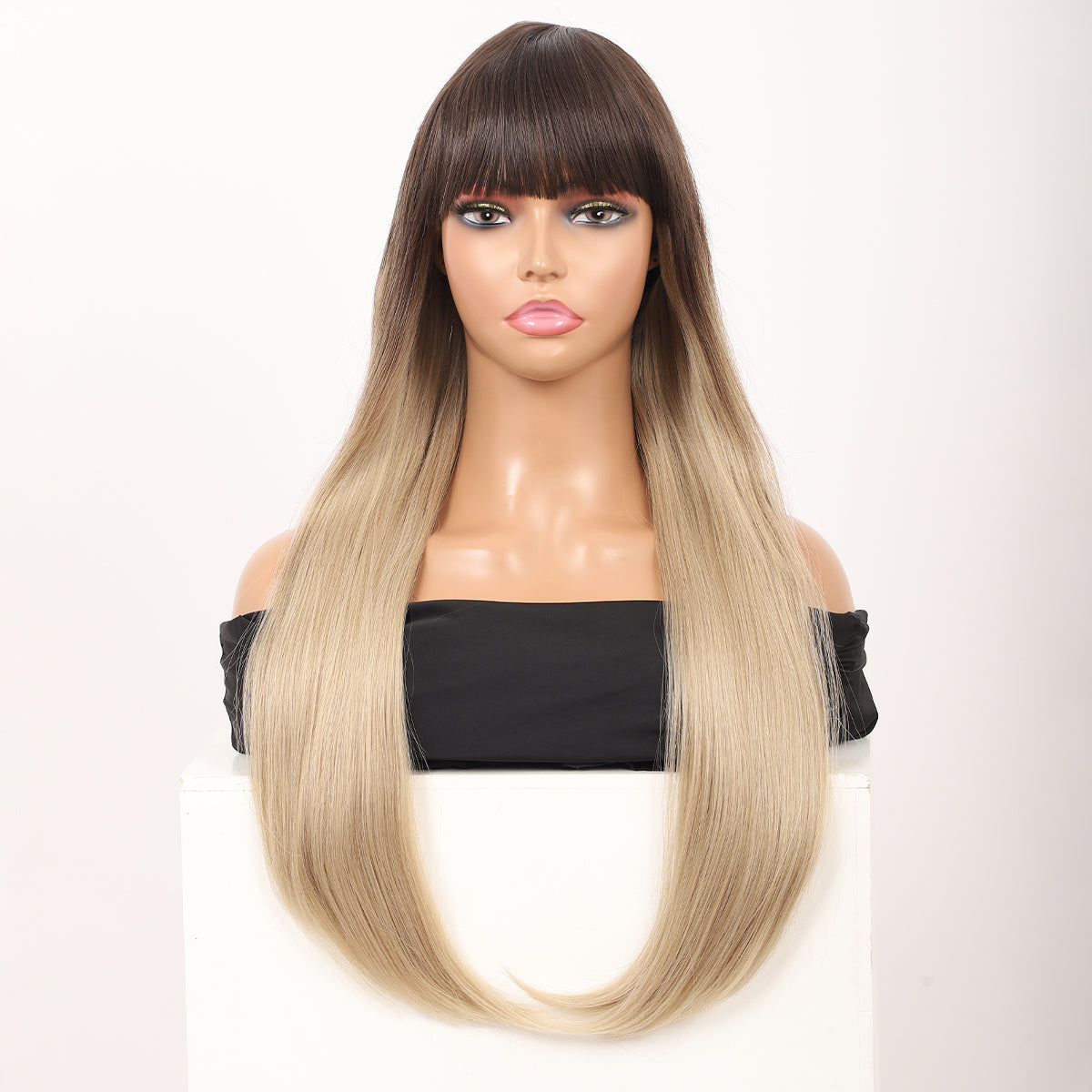 28 inches Ombre Mix blonde Wigs Women's Silky Long Straight Wig Heat Resistant Synthetic Wig With Bangs Hair Wig for Women