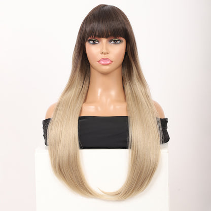 28 inches Ombre Mix blonde Wigs Women's Silky Long Straight Wig Heat Resistant Synthetic Wig With Bangs Hair Wig for Women