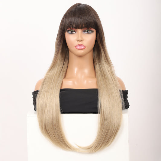 28 inches Ombre Mix blonde Wigs Women's Silky Long Straight Wig Heat Resistant Synthetic Wig With Bangs Hair Wig for Women