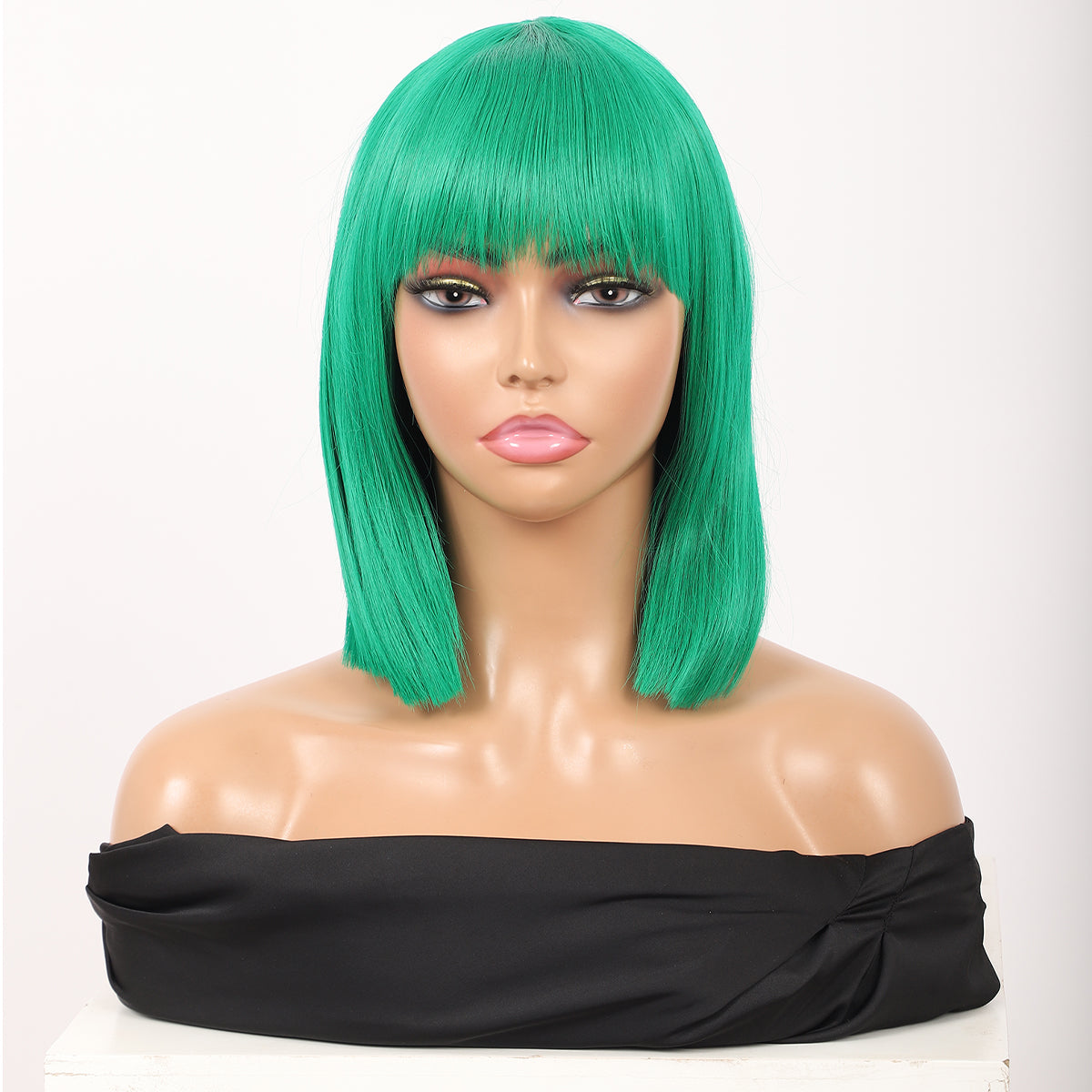 Green Short Straight Bob Wig with Bangs Yaki Short Wig Glueless Natural Look Easy Wear 12"
