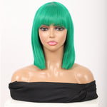 Green Short Straight Bob Wig with Bangs Yaki Short Wig Glueless Natural Look Easy Wear 12"