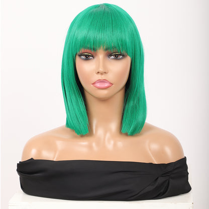 Green Short Straight Bob Wig with Bangs Yaki Short Wig Glueless Natural Look Easy Wear 12"