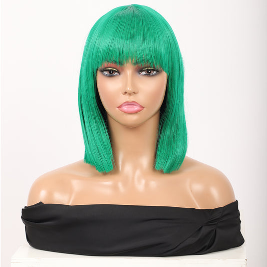 Green Short Straight Bob Wig with Bangs Yaki Short Wig Glueless Natural Look Easy Wear 12"