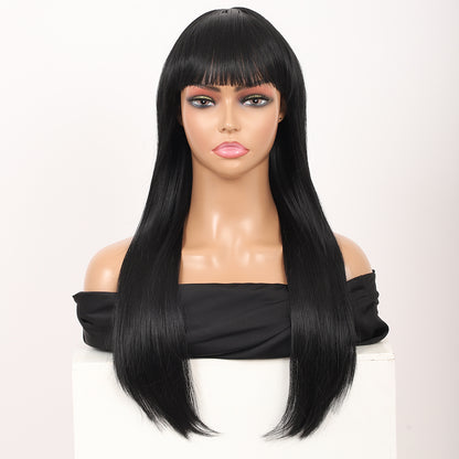 22" Long Straight Silky Smooth Synthetic Hair Wigs with Bangs for Women High Temperature Yaki Texture Full Hair Wigs for Women (Black)