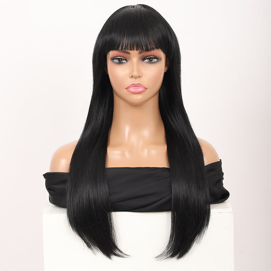 22" Long Straight Silky Smooth Synthetic Hair Wigs with Bangs for Women High Temperature Yaki Texture Full Hair Wigs for Women (Black)