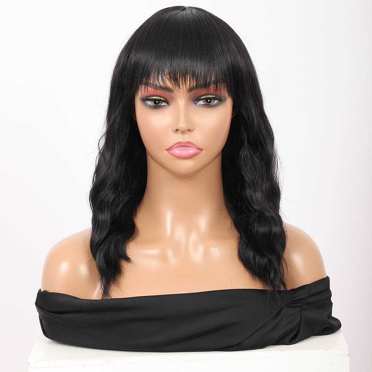 Short Synthetic Black Wig with Hair Bangs Short Wavy Curly Wig for Women -Natural Looking and Heat Resistant Full Head Hair Replacement Wig for Daily Wear or Costume Wig
