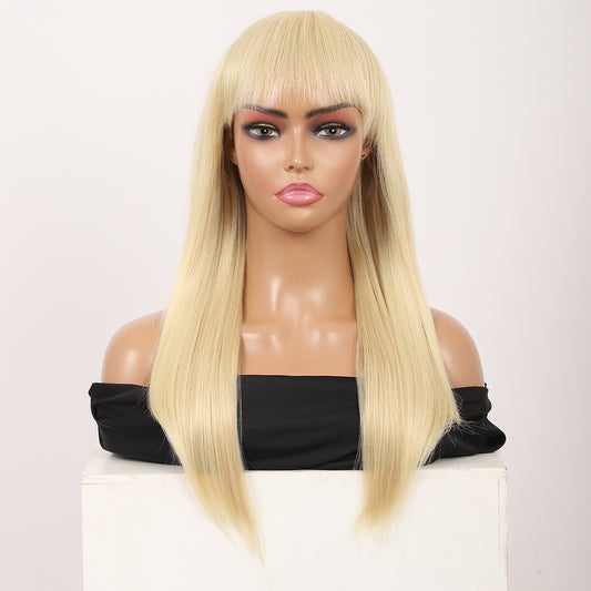 22" Long Straight Silky Smooth Synthetic Hair Wigs with Bangs for Women High Temperature Yaki Texture Full Hair Wigs for Women (Blonde)