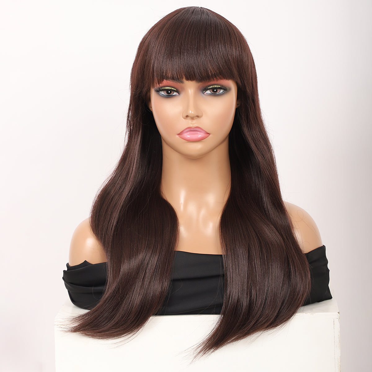 22" Long Straight Silky Smooth Synthetic Hair Wigs with Bangs for Women High Temperature Yaki Texture Full Hair Wigs for Women (Brown)