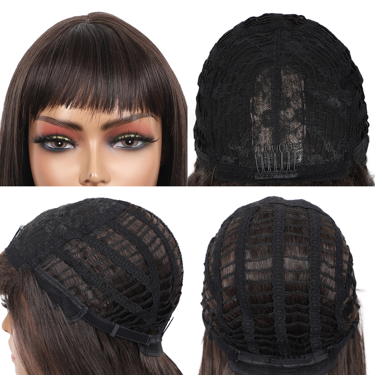 26 Inch Long Straight Synthetic Wig with Bangs Silky Full Hair Wigs for Women, Dark Brown