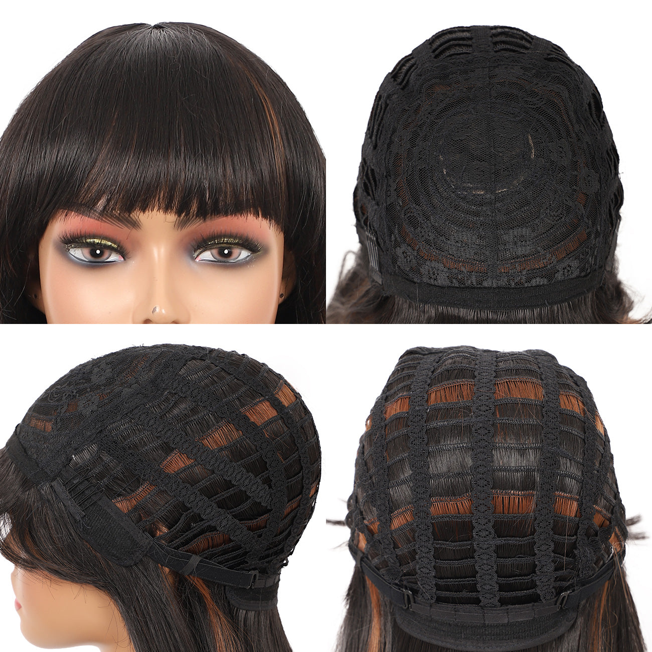 22" Long Straight Silky Smooth Synthetic Hair Wigs with Bangs for Women High Temperature Yaki Texture Full Hair Wigs for Women (Mix Black Brown)