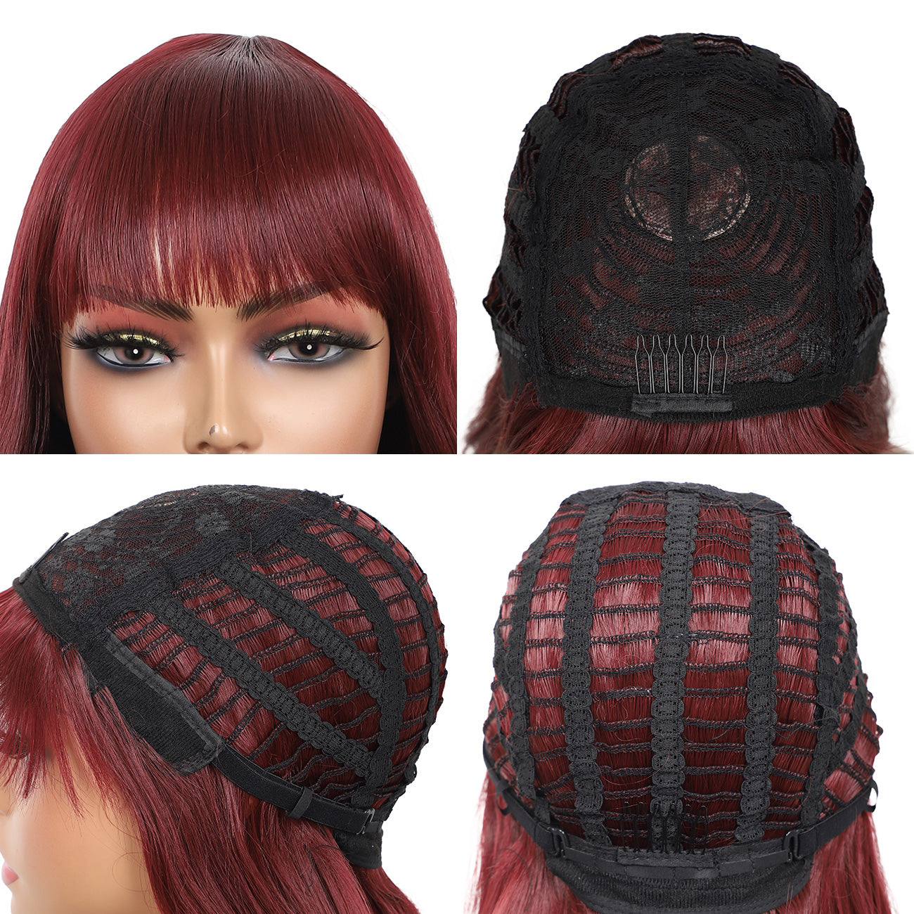 28 inches Burgundy Wigs Women's Silky Long Straight Wig Heat Resistant Synthetic Wig With Bangs Hair Wig for Women