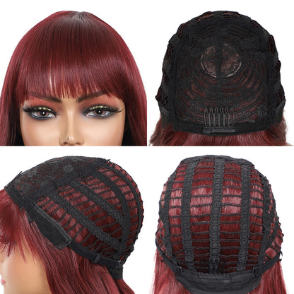28 inches Burgundy Wigs Women's Silky Long Straight Wig Heat Resistant Synthetic Wig With Bangs Hair Wig for Women