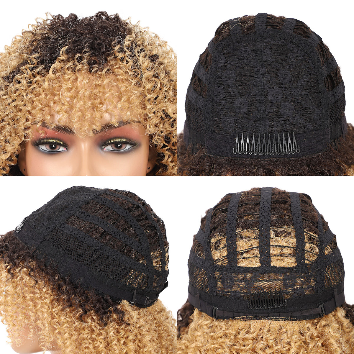 8" Synthetic Short Afro Kinky Curly Wigs for Black Women Realistic Curly Wigs with Hair Bangs Lightweight Soft Bouncy Curls Hair Wigs（Ombre blonde 1）