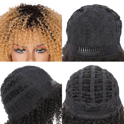 8" Synthetic Short Afro Kinky Curly Wigs for Black Women Realistic Curly Wigs with Hair Bangs Lightweight Soft Bouncy Curls Hair Wigs（Ombre blonde 2）