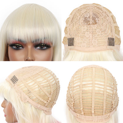 Bob Wigs for Women Short Straight Bob Wig with Hair Bangs Natural Looking Heat Resistant Synthetic Hair Wigs for Women 13 Inches (Blonde to Pink Ombre)