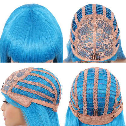 22" Long Straight Silky Smooth Synthetic Hair Wigs with Bangs for Women High Temperature Yaki Texture Full Hair Wigs for Women (Bright Blue)