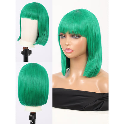 Green Short Straight Bob Wig with Bangs Yaki Short Wig Glueless Natural Look Easy Wear 12"