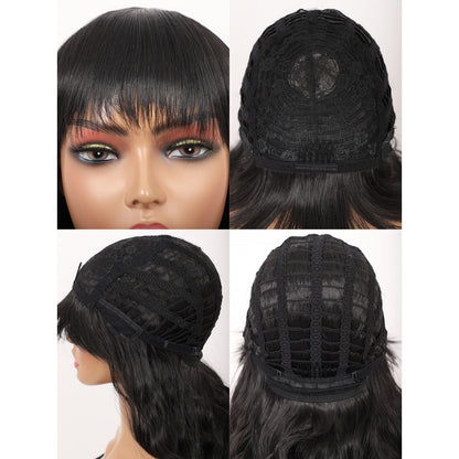 Short Synthetic Black Wig with Hair Bangs Short Wavy Curly Wig for Women -Natural Looking and Heat Resistant Full Head Hair Replacement Wig for Daily Wear or Costume Wig