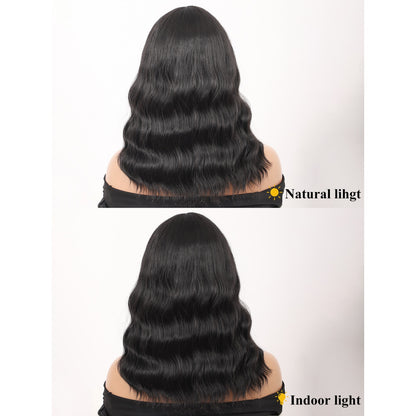 Short Synthetic Black Wig with Hair Bangs Short Wavy Curly Wig for Women -Natural Looking and Heat Resistant Full Head Hair Replacement Wig for Daily Wear or Costume Wig