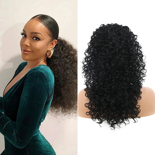 Drawstring Ponytail for Women Deep Curly Ponytail Synthetic Mixed with Human Hair Ponytails Natural Black Afro Kinky Curly Pony for Daily wear,17 Inches