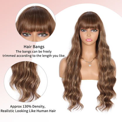 26 Inches Curly Wavy Synthetic Champagne Brown Wigs with Hair Bangs Heat Resistant Synthetic Wigs for Women Natural Looking Women's Costume Cosplay or Daily Wear Hairpiece
