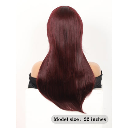 22" Long Straight Silky Smooth Synthetic Hair Wigs with Bangs for Women High Temperature Yaki Texture Full Hair Wigs for Women (Burgundy Red)