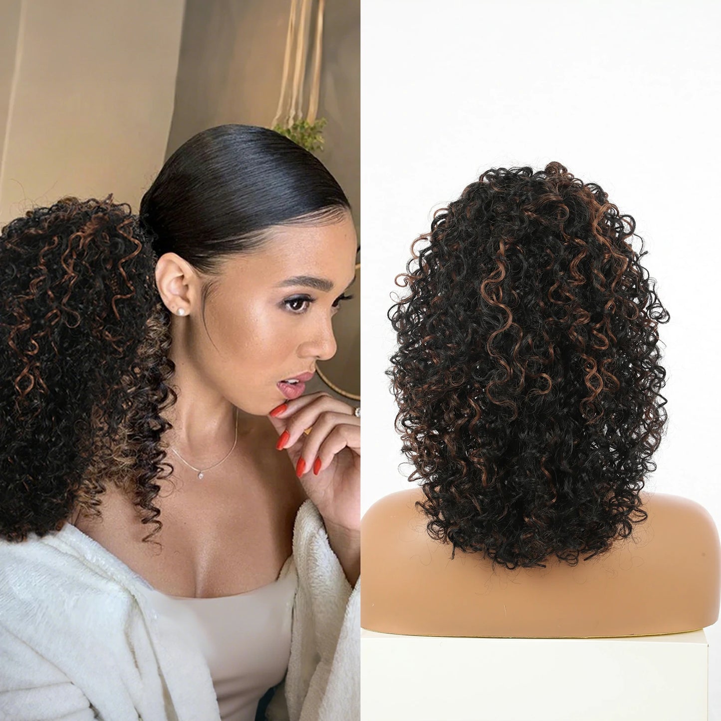 Drawstring Ponytail for Women Deep Curly Ponytail Synthetic Mixed with Human Hair Ponytails Brown Highlights Afro Kinky Curly Pony for Daily wear,17 Inches