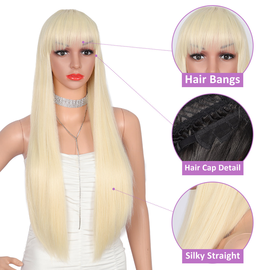 28 inches Light Blonde Wigs Women's Silky Long Straight Wig Heat Resistant Synthetic Wig With Bangs Hair Wig for Women
