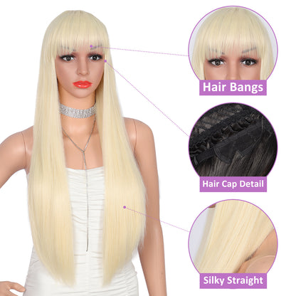 28 inches Light Blonde Wigs Women's Silky Long Straight Wig Heat Resistant Synthetic Wig With Bangs Hair Wig for Women