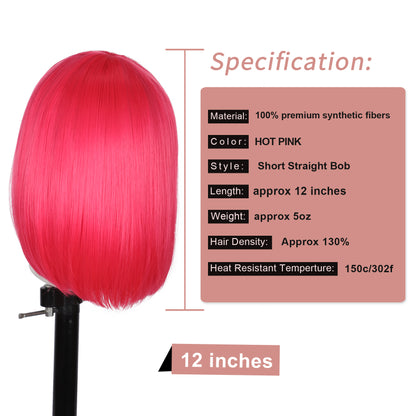 Bob Wigs for Women Short Straight Bob Wig with Hair Bangs Natural Looking Heat Resistant Synthetic Hair Wigs for Women 13 Inches (Hot Pink)