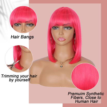Bob Wigs for Women Short Straight Bob Wig with Hair Bangs Natural Looking Heat Resistant Synthetic Hair Wigs for Women 13 Inches (Hot Pink)