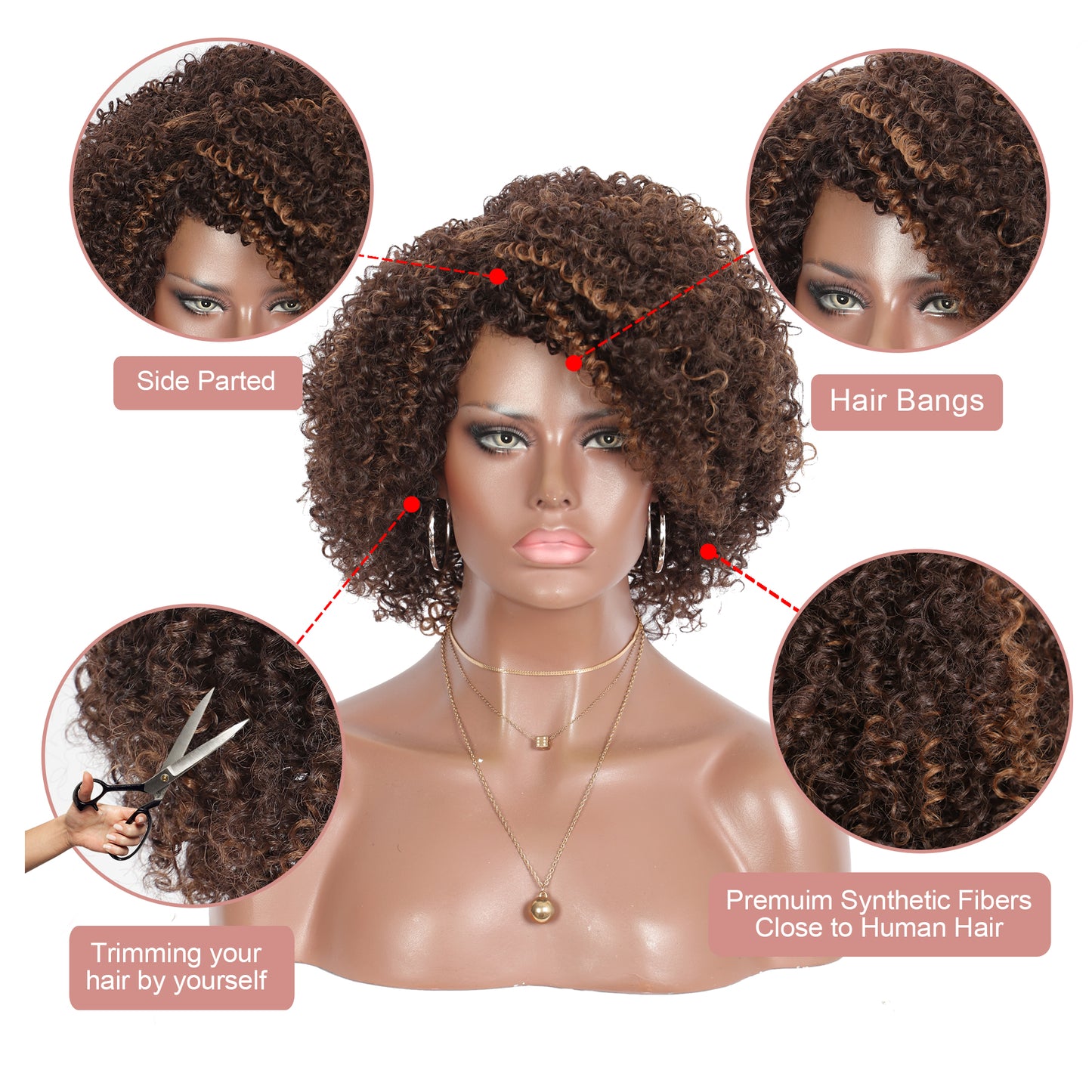 Brown Highlights Short Afro Kinky Curly Wigs for Black Women Premium Synthetic Hair Wigs with Hair Bangs 150% Density Bouncy and Full Natural Looking Hair Wigs