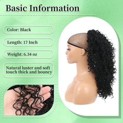 Drawstring Ponytail for Women Deep Curly Ponytail Synthetic Mixed with Human Hair Ponytails Natural Black Afro Kinky Curly Pony for Daily wear,17 Inches