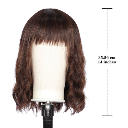 Short Synthetic Brown Highlights Wig with Hair Bangs Short Wavy Curly Wig for Women -Natural Looking and Heat Resistant Full Head Hair Replacement Wig for Daily Wear or Costume Wig