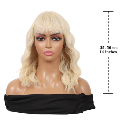 Short Synthetic Light Blonde Wig with Hair Bangs Short Wavy Curly Wig for Women -Natural Looking and Heat Resistant Full Head Hair Replacement Wig for Daily Wear or Costume Wig