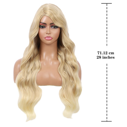 28 inches Blonde Yaki Synthetic Hair Wigs for Women Long Body Wavy Curly Wigs L Parting Natural Looking Heat Resistant Replacement Wigs