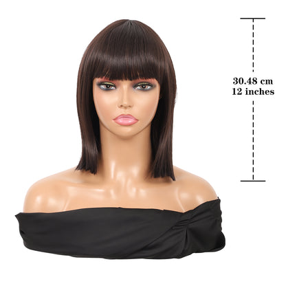 Brown Short Straight Bob Wig with Bangs Yaki Short Wig Glueless Natural Look Easy Wear 12"